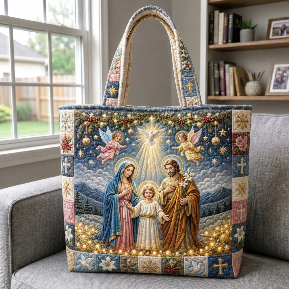 Quilted Christian tote bag Holy Family with angels