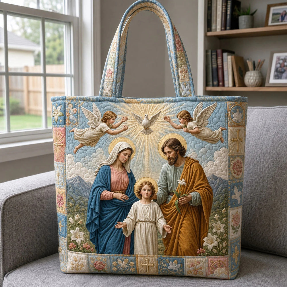 Quilted Christian tote bag Holy Family with dove