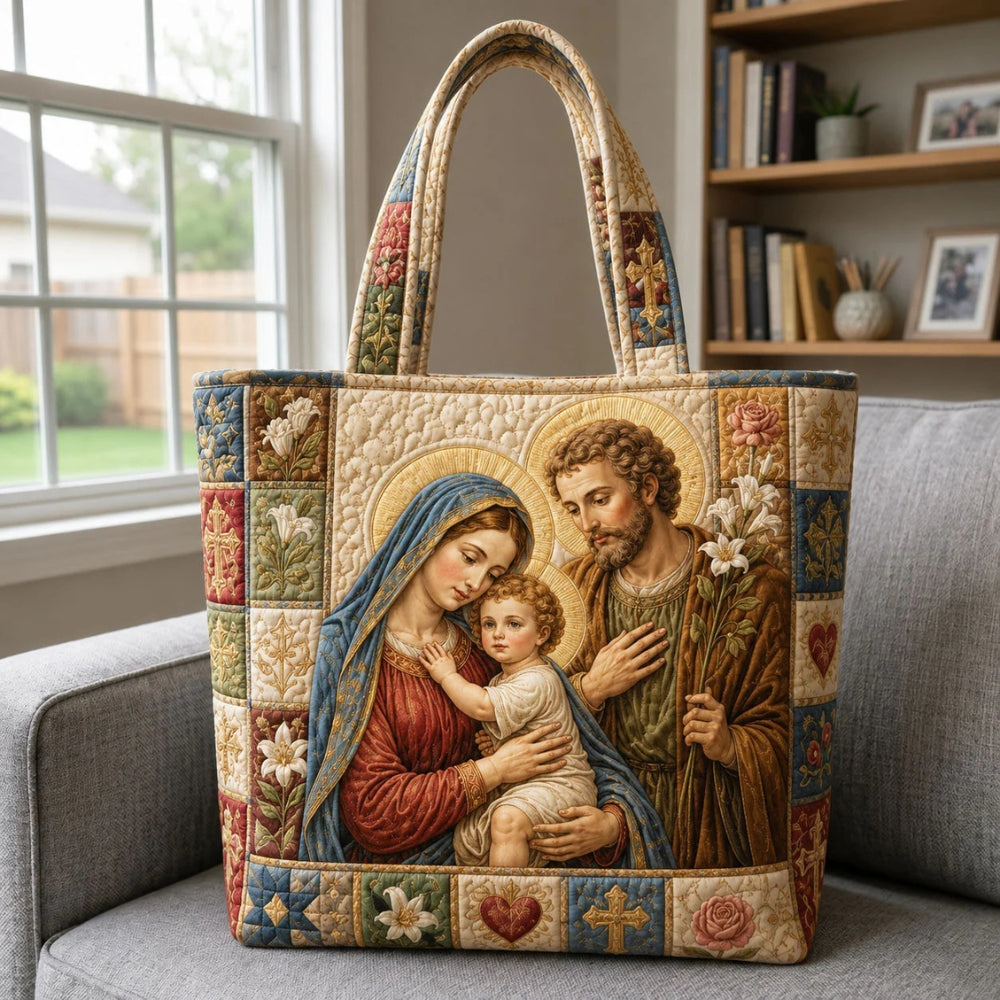 Quilted Christian tote bag Holy Family tapestry style