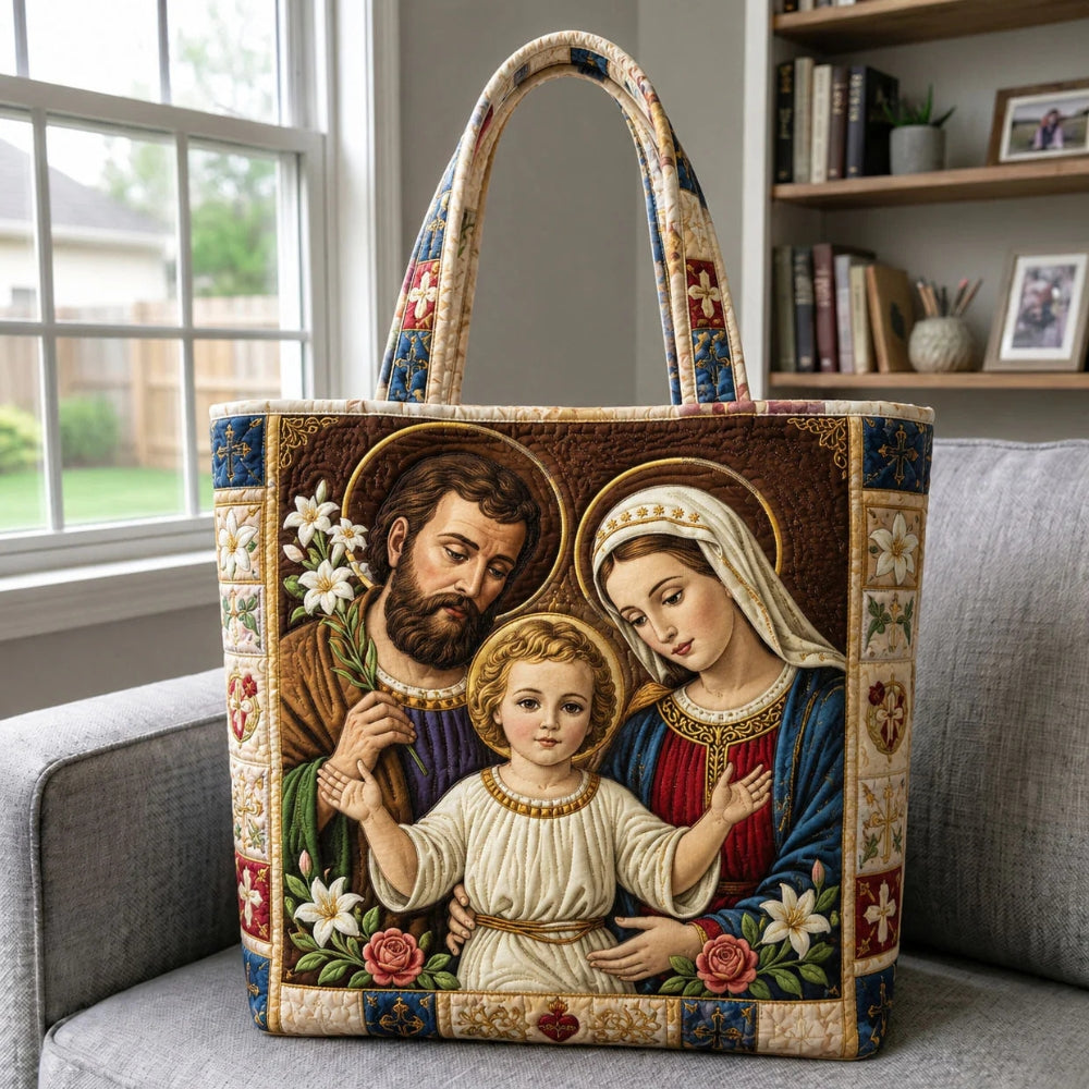 Quilted Christian tote bag Holy Family icon style